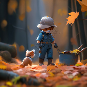 宠物狗玩具秋天在森林中的羊毛毡卡通小狗形象与宠物狗在玩耍插画