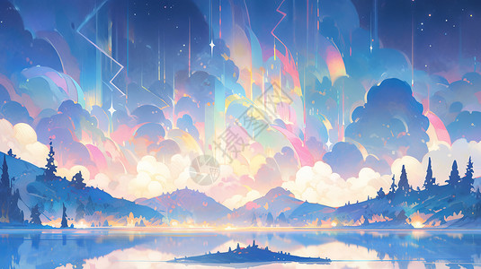 紫柏山上的梦幻极光卡通山水风景紫色调插画