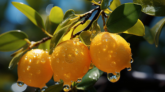 橘子熟了在树梢上沾满了露水的橙色卡通果实插画
