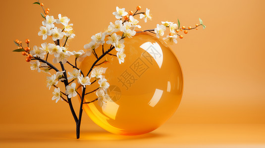 一树枝漂亮的白色花朵与黄色透明气泡背景图片