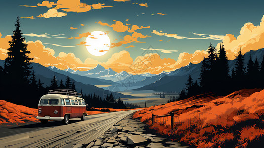 秋天傍晚行驶在路上的一辆复古巴士扁平风卡通风景插画