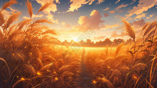 美丽地傍晚美丽的夕阳下金黄色丰收的卡通麦子地插画