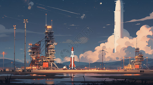在火箭发射基地的卡通火箭背景图片