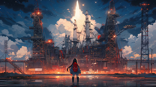 背着红色背包看着火箭发射的卡通长发女孩背景图片