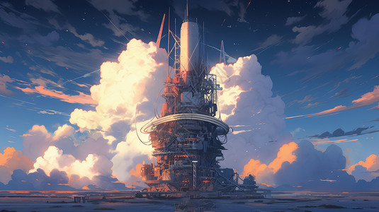 空旷的野外科幻的卡通火箭发射塔背景图片