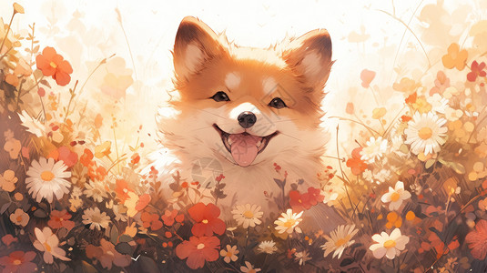 秋天在花丛中开心笑的卡通小狗图片