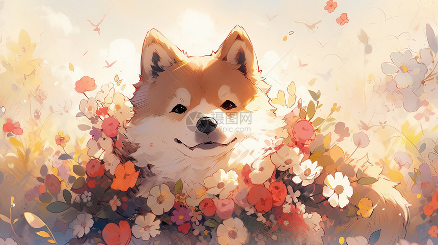 可爱的萌宠狗被花朵环绕图片