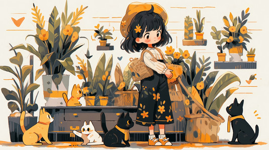 抱着花朵戴黄色帽子可爱的短发卡通女孩与宠物猫图片