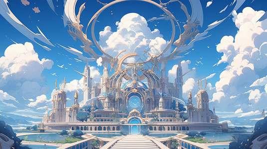 宫殿欧式蓝天白云下复古华丽的欧式卡通宫殿插画