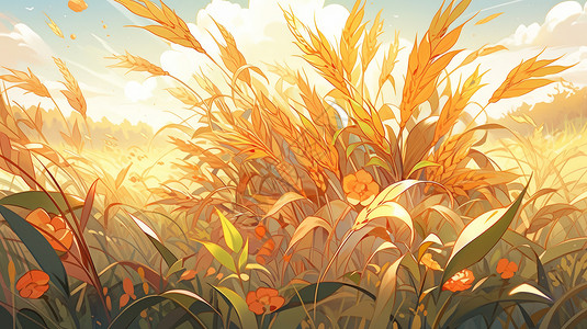 杂草地秋天丰收金黄色的卡通麦子地插画