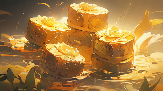 中秋节美味的金黄色花朵月饼背景图片