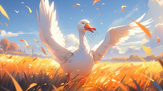 张开翅膀在金色草地上狂奔的可爱卡通鸭子背景图片