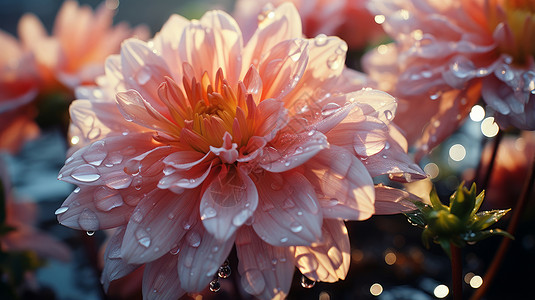 布满露水的盛开的粉色菊花高清图片
