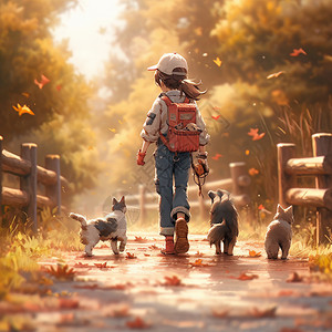 宠物背包背着红色包的卡通女孩与宠物狗们走在小路上插画