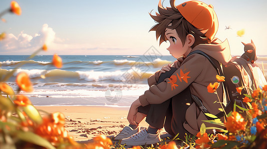 粗描边卡通人物秋天坐在沙滩边欣赏大海的可爱卡通男孩插画