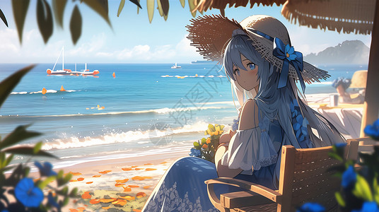 戴着帽子坐在海边度假的小清新卡通女孩背景图片