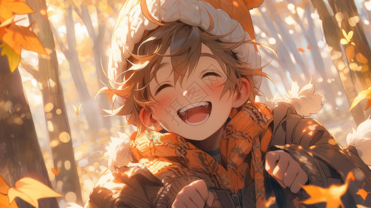 可爱的卡通男孩在秋天的森林中开心大笑图片