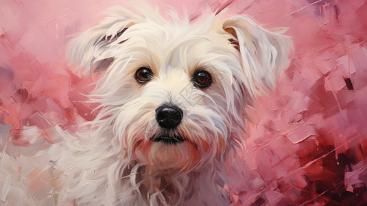 白炫彩粉色油画背景可爱的白色卡通小狗插画