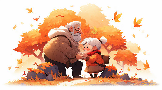 秋天山顶秋天登上山顶的卡通老爷爷和老奶奶插画