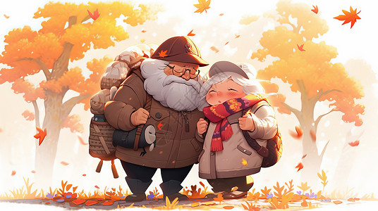 秋天可爱的卡通老爷爷和老奶奶一起登山高清图片