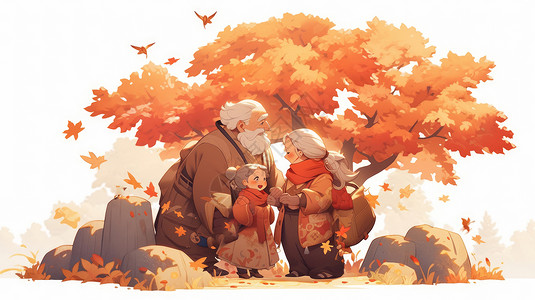 秋天山顶秋天一起登上山顶站在高处的卡通老爷爷老年和孙女插画