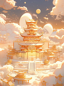 金色卡通古风宝殿在云朵中高清图片