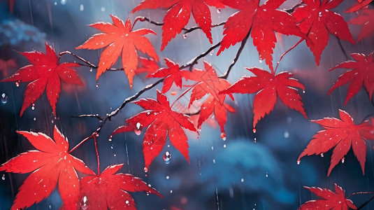 深秋雨中漂亮的红色卡通枫叶背景图片