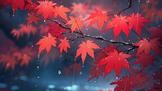 大雨中唯美的卡通枫叶背景图片