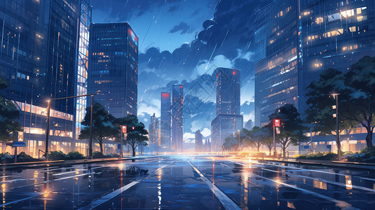 夜晚雨中唯美的卡通城市背景图片