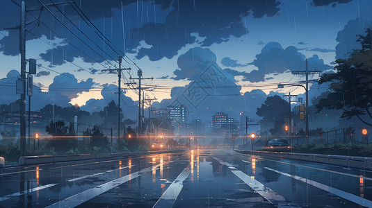 夜晚雨中唯美安静的卡通街道背景图片