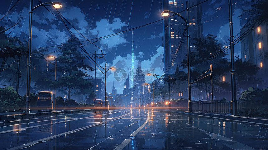 深夜下大雨的卡通城市街道图片
