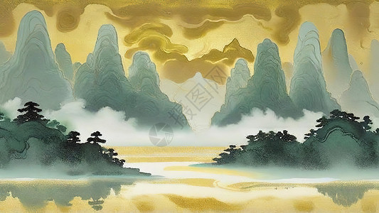 中国风山水间云雾质感金箔图片