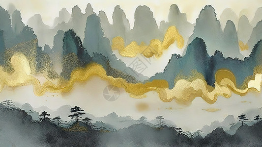 水质感山水间云雾中国风质感金箔插画