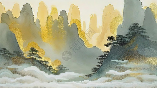 水质感山水间云雾中国风金箔质感插画