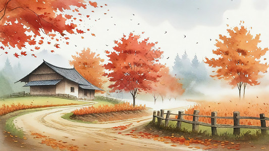 乡村田园风秋季乡村的美丽风景插画