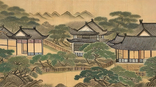 豪宅内景古代宅院水彩画插画