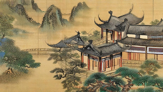 古代宅院水彩古风画背景图片