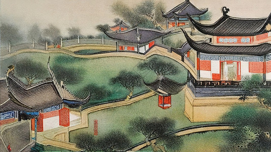 古代中式宅院水彩画背景图片