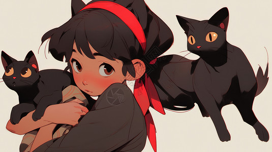 戴红色丝带发饰抱着黑色猫的卡通女孩图片