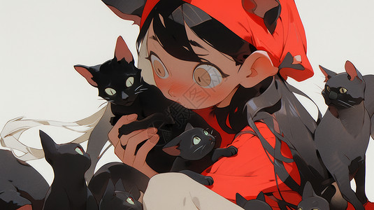可爱的卡通女孩与一群黑色宠物猫图片