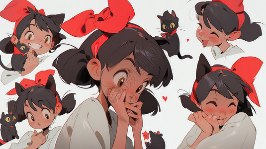 黑色猫素材各种角度调皮可爱的卡通女孩插画