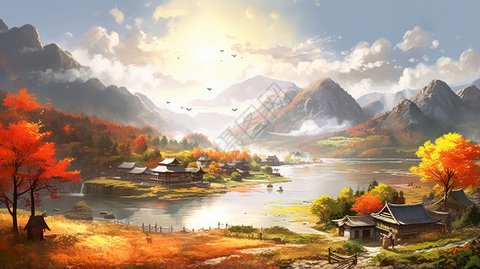 深秋在湖边上唯美的卡通古风建筑风景图片