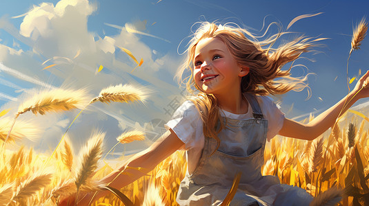 在金黄色麦子地中玩耍嬉戏的卡通小女孩图片