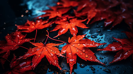 红色叶子和水滴深秋有水珠的枫叶落叶插画