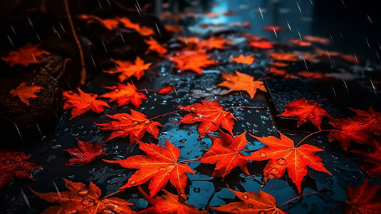 红色叶子和水滴落满地的红色枫叶在雨中插画