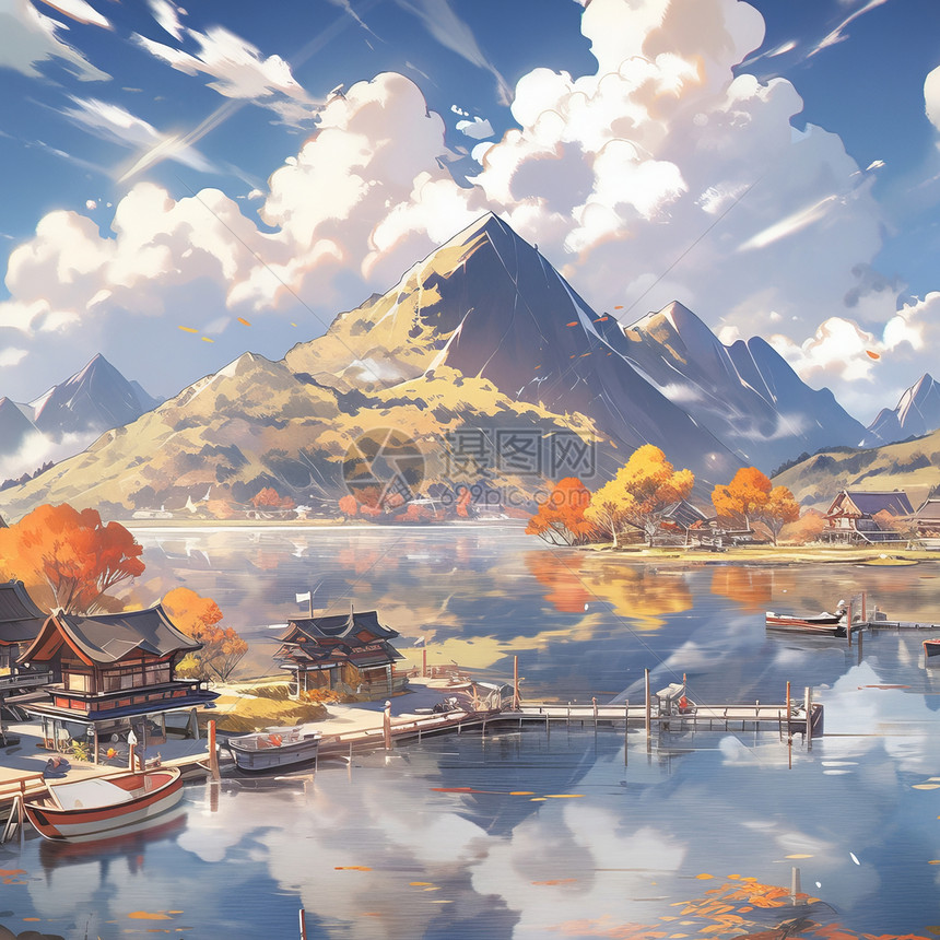 秋天蓝天白云下唯美的卡通古风小镇与大山图片