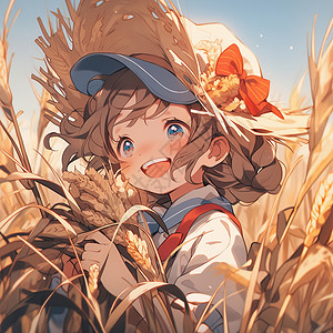 优胜美地秋天在麦子地中丰收开心笑的可爱卡通女孩插画