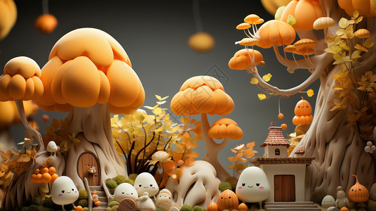 秋天高大可爱的卡通古树与小精灵们图片