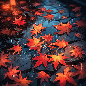 秋天夜晚满地的红色卡通枫叶在雨中高清图片