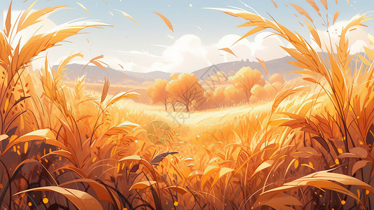 秋天金黄色唯美的卡通麦子地背景图片